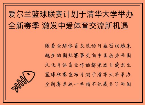 爱尔兰篮球联赛计划于清华大学举办全新赛季 激发中爱体育交流新机遇