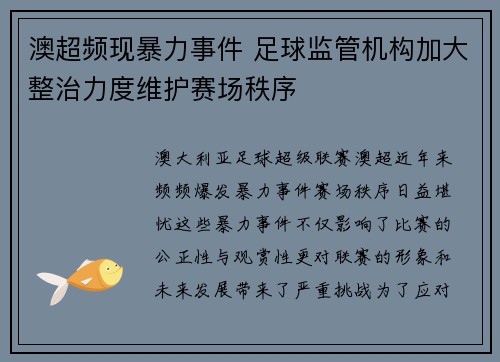 澳超频现暴力事件 足球监管机构加大整治力度维护赛场秩序
