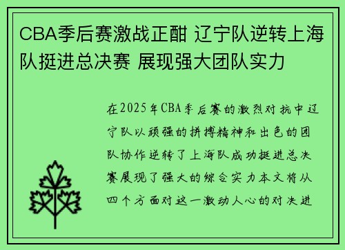 CBA季后赛激战正酣 辽宁队逆转上海队挺进总决赛 展现强大团队实力