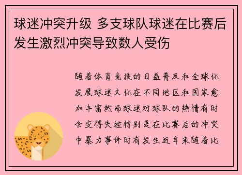 球迷冲突升级 多支球队球迷在比赛后发生激烈冲突导致数人受伤